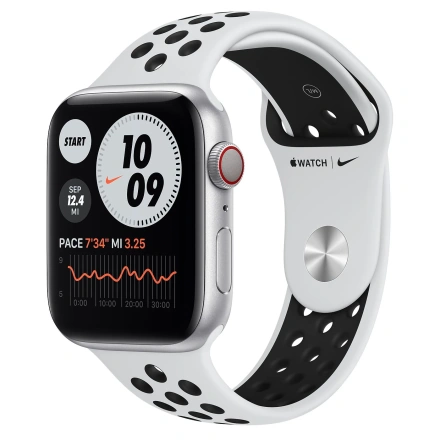 Apple Watch Series 6 Nike GPS + Cellular 44mm Silver Aluminum Case with Pure Platinum / Black Nike Sport Band (MG2G3, M09W3)